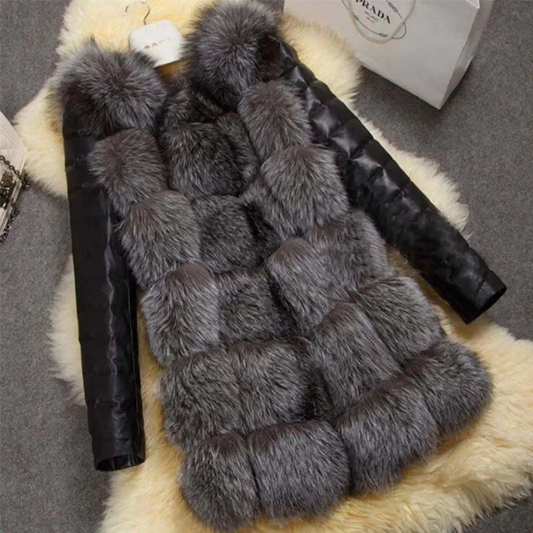 New Ladies Winter 2025 Women Patchwork Thick Faux Fox Fur Tops Cardigan Leather Long Sleeve Coats Streetwear Spliced Casual