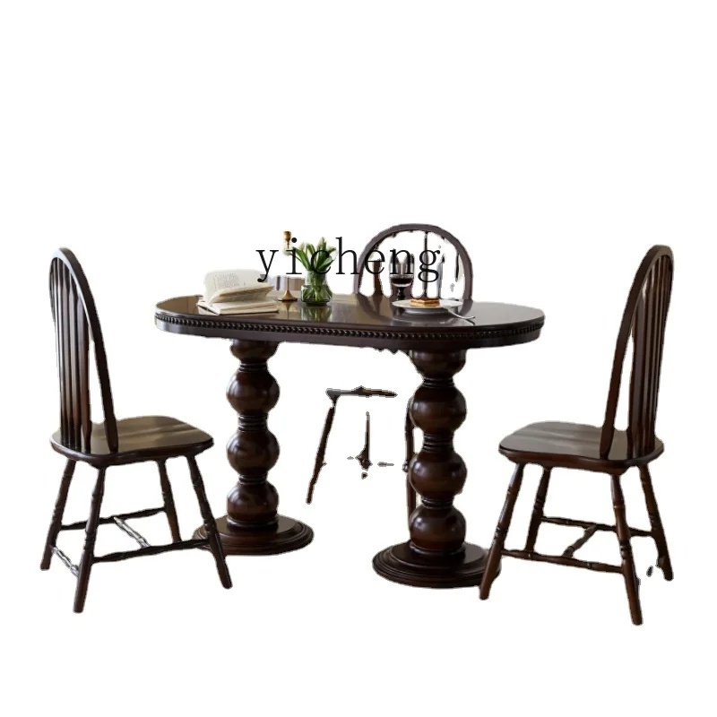 

Tqh Black Walnut Color Solid Wood Dining Tables and Chairs Set Living Room Home Oval Dining Table