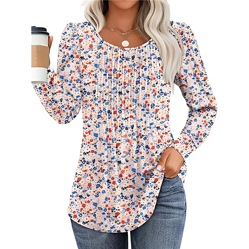 

ABRT-Women's Puff Long Sleeve Pleated Crew Neck Blouses Dressy Casual Loose Fit Winter And Spring Shirts