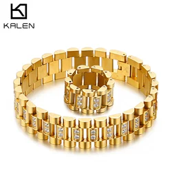 KALEN Golden High Finish Men Vintage Zircon Watch Strap Stainless Steel Bracelet Ring Set Party Holiday Jewelry Gifts