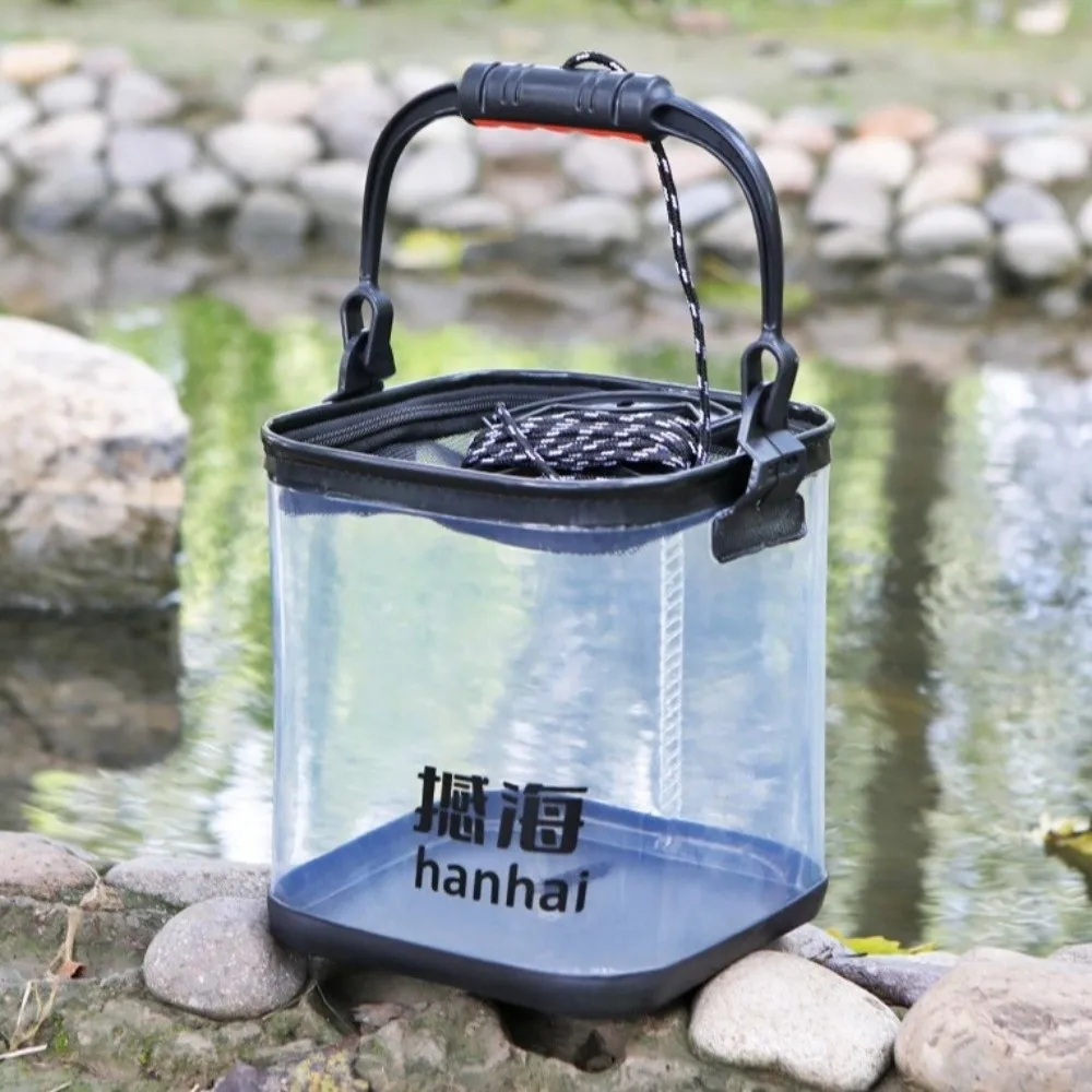 

Portable Transparent Fishing Bucket Thickened EVA with Net Cover Water Pail Foldable with Rope Live Fish Bucket Fishing Gear
