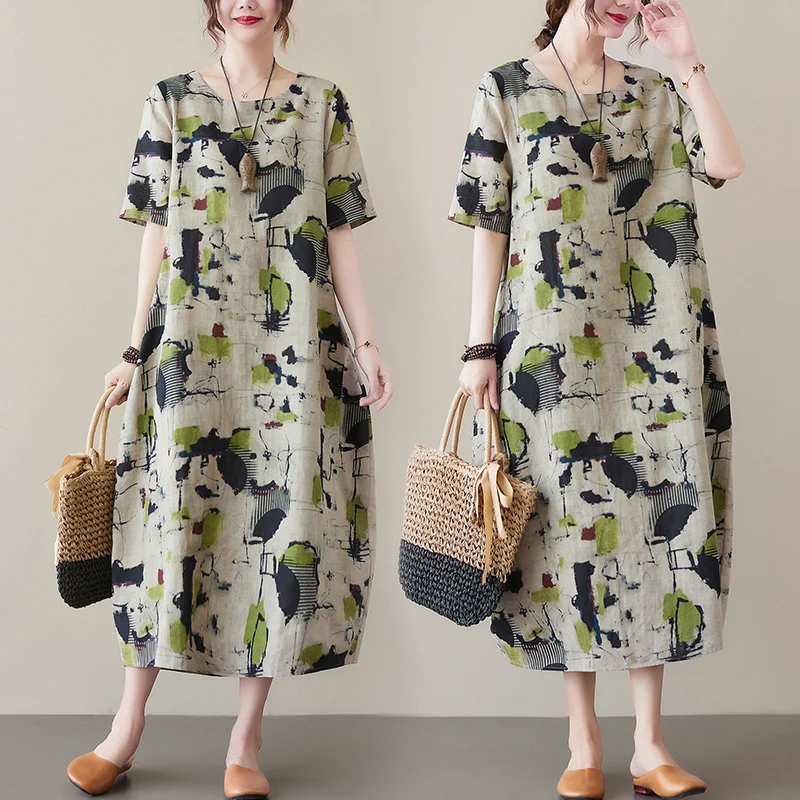 

plus Size Cotton Linen Short Sleeve Midi Dress Slimming Ageless Women's Summer Dress A-Line Skirt round Neck Commute Style