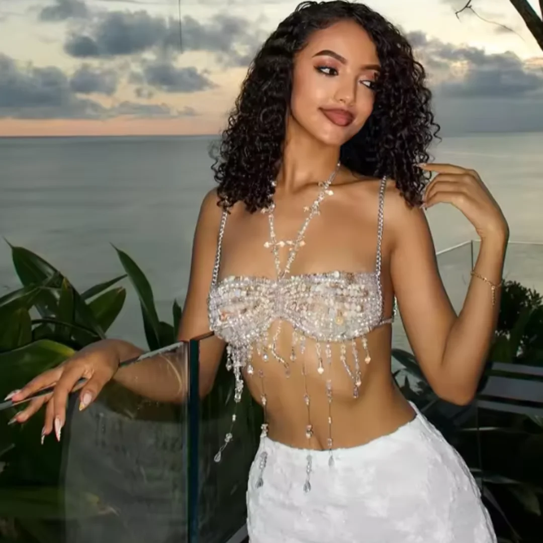 

Handmade Crystal Bra Halter Transparent Beaded Layered Fringe Lingerie Harness Hollow-Out Bralette Beaded Neck Bra Beachwear