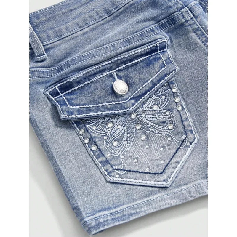 Embellished Crystal Back Pocket Denim Shorts Female Jeans High Waist Slim Fit Ladies Summer Vintage Trendy Fashion view 5