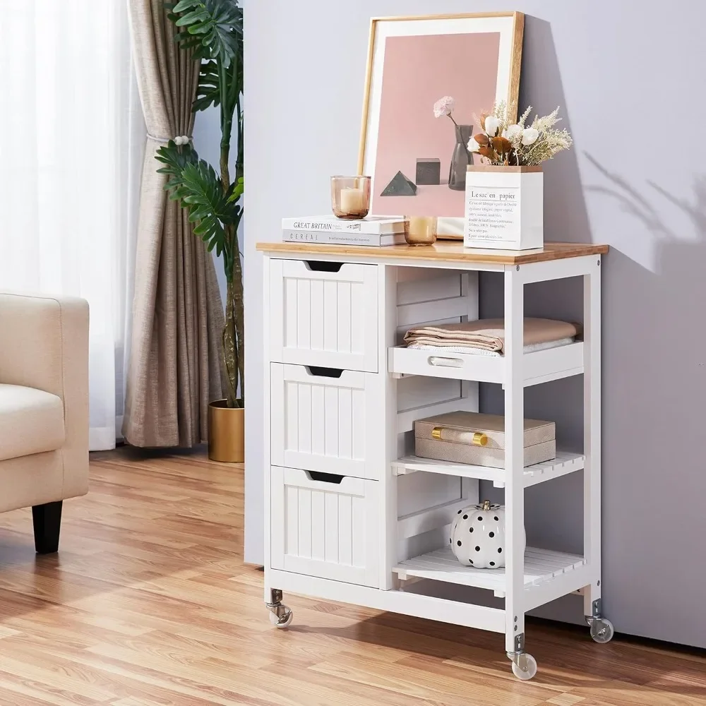 Kitchen Island Cart on Wheels with Bamboo Countertop, Rolling Serving Utility Trolley Cart with 3 Drawers