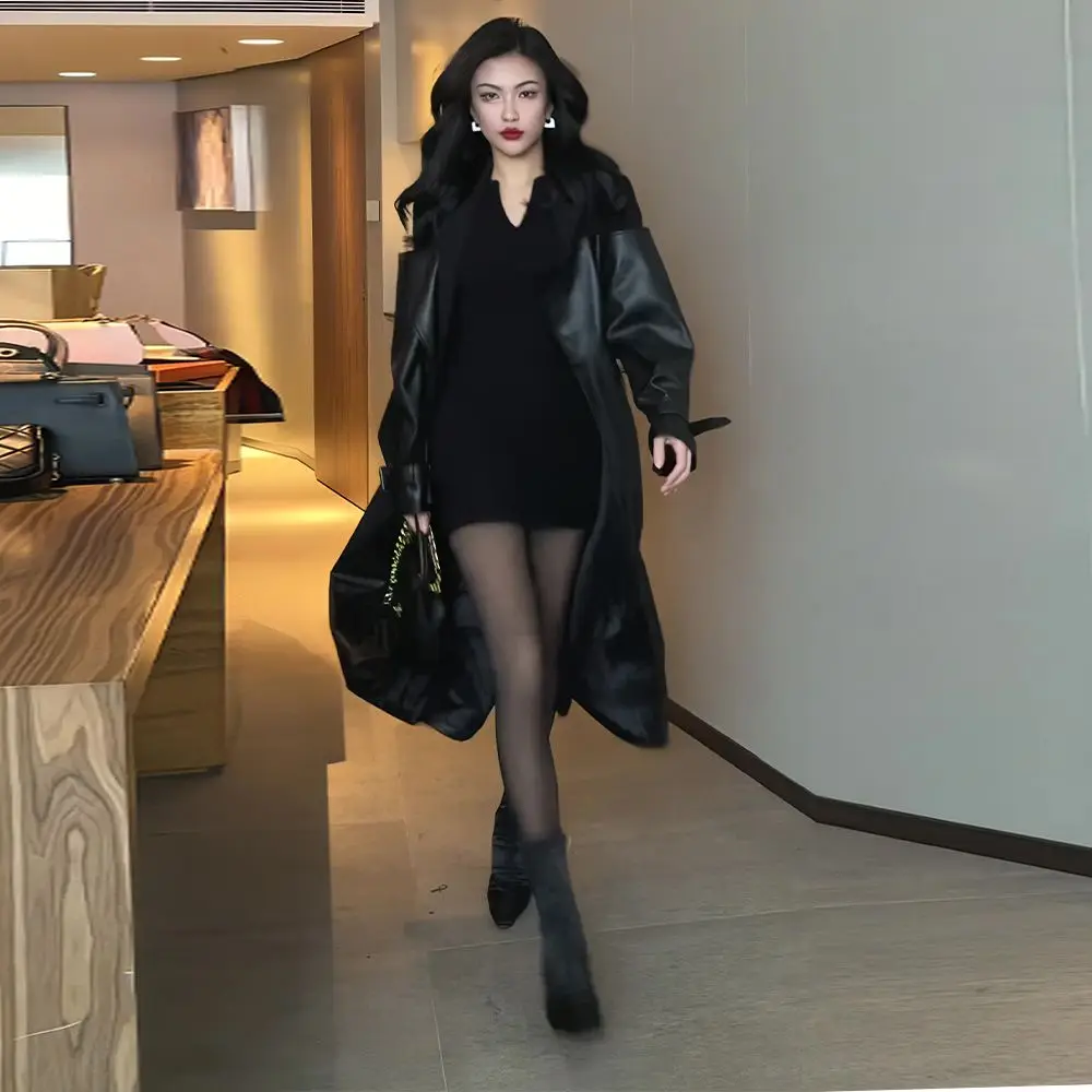 Fashion Patchwork Pu Leather Coat Women Autumn Winter Black Leather Trench Coat Strap Belt Lapel Windbreaker Faux Leather Jacket