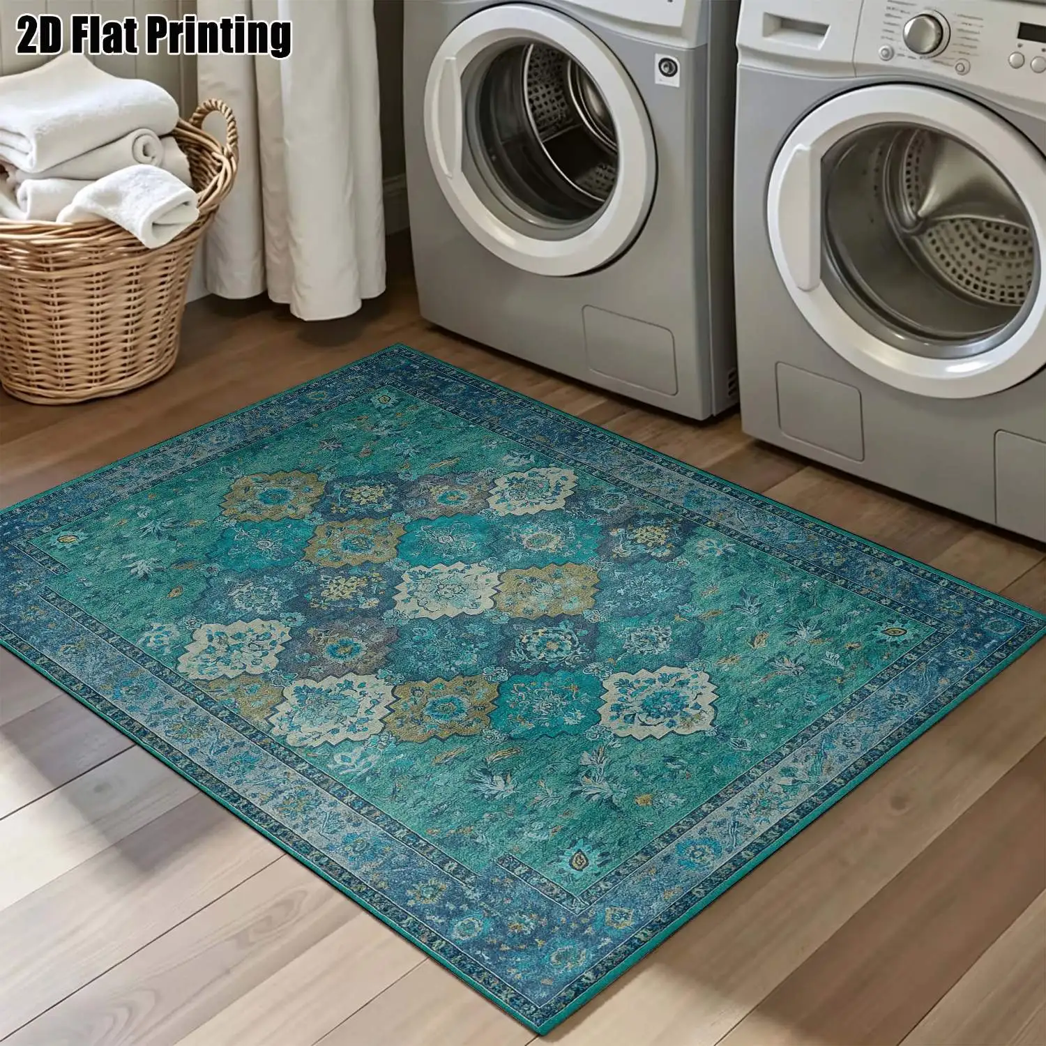 1Pc 2D Printed Retro Blue-Green Geometric Floral Carpet, European/Bohemian Style, Home Decor, Multi-Size, Machine Washable, for Living Room, Bedroom, Dining Room, Entrance, Study