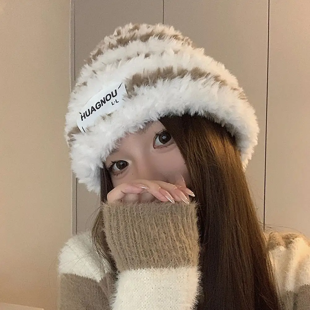 Women Beanie Winter Beanie Soft Plush Striped Knitted Fluffy Hat for Women Retains Heat Anti-slip Windproof Outdoor Cap Elastic