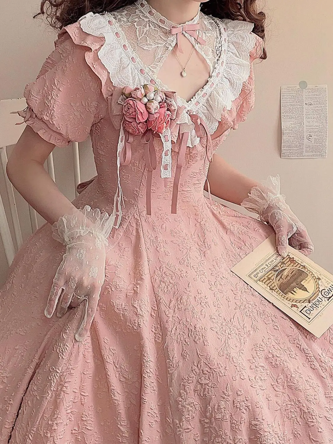 MAGOGO Summer Sweet Lolita OP Dress Women Elegant Bow Lace Ruffles Jacquard Short Puff Sleeved Slimming Temperament Long Dress
