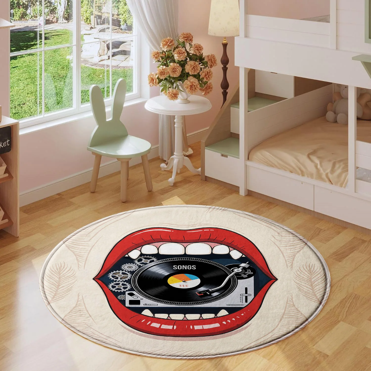 Retro Vinyl Record Turntable Red Lips Teeth Beige Background Pattern Holiday Luxury Round Mat Area Rug Home Decor