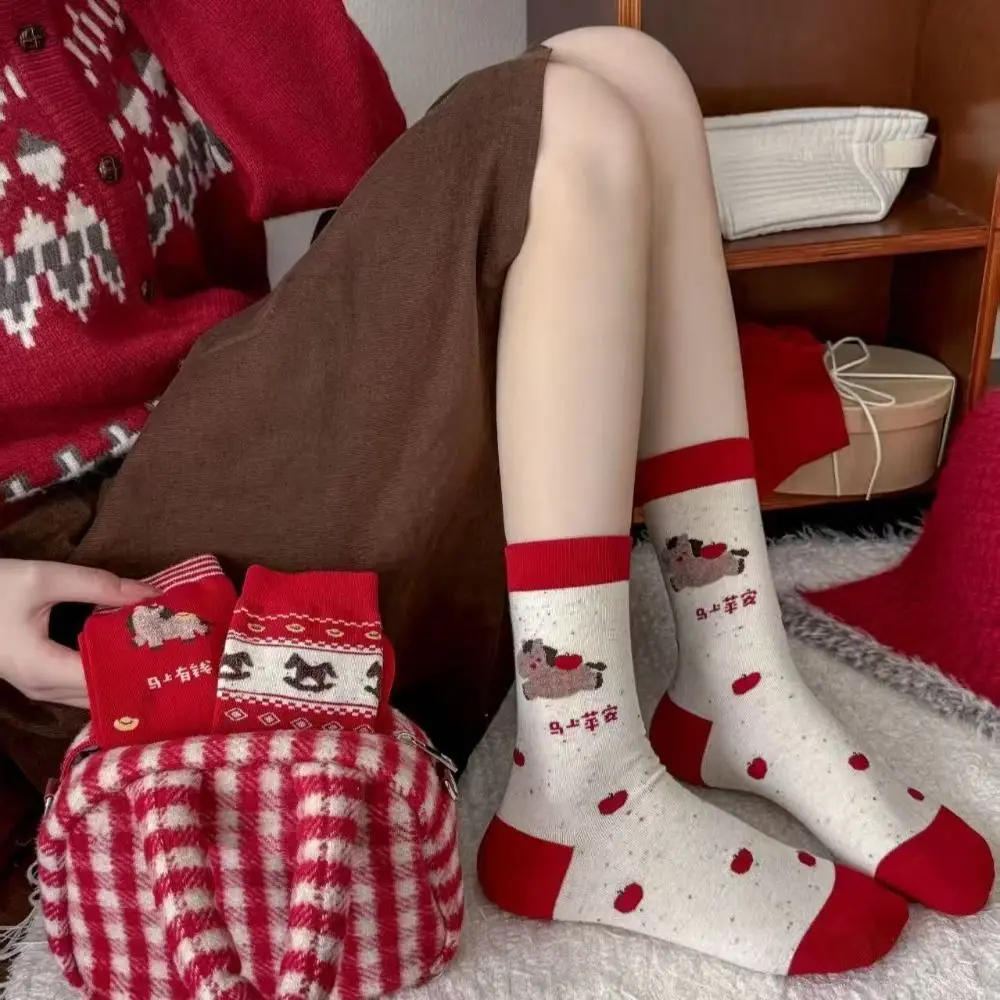 

Модные красные носки с оборками в китайском стиле, хлопковые, новогодние, до середины икры, для девочек, весна 2026