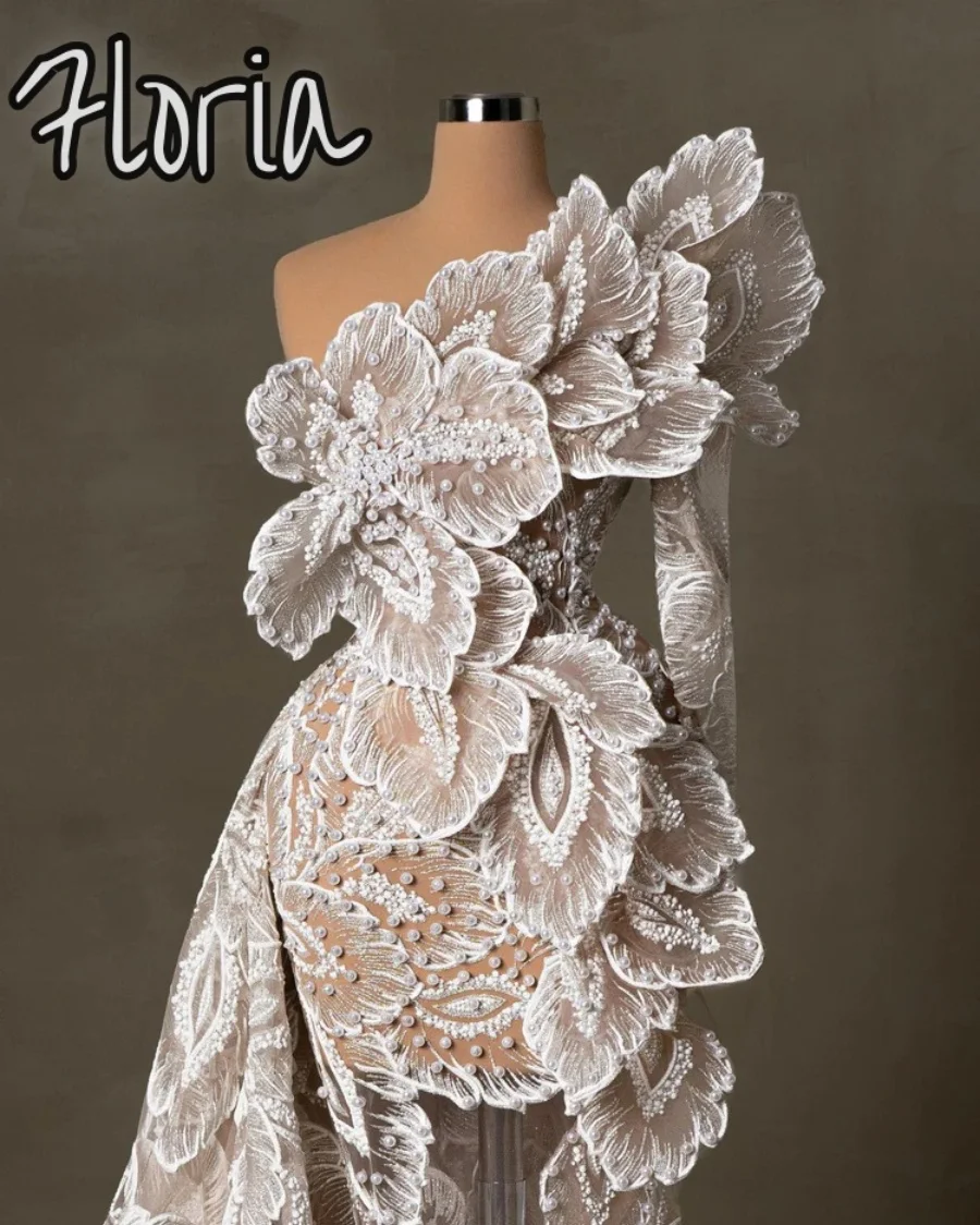 

Gorgeous Mermaid Evening Dresses With Side Sweep Train One Shoulder Full Pearls 3D Flowers Lace Customized Formal Party Gowns