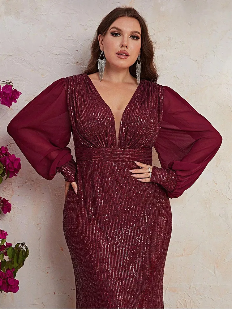 Plus Size 4xl 5xl V-Neck Long-Sleeved Backless Burgundy Sequined Long-Sleeved Evening Dress Luxury Banquet Evening Dress