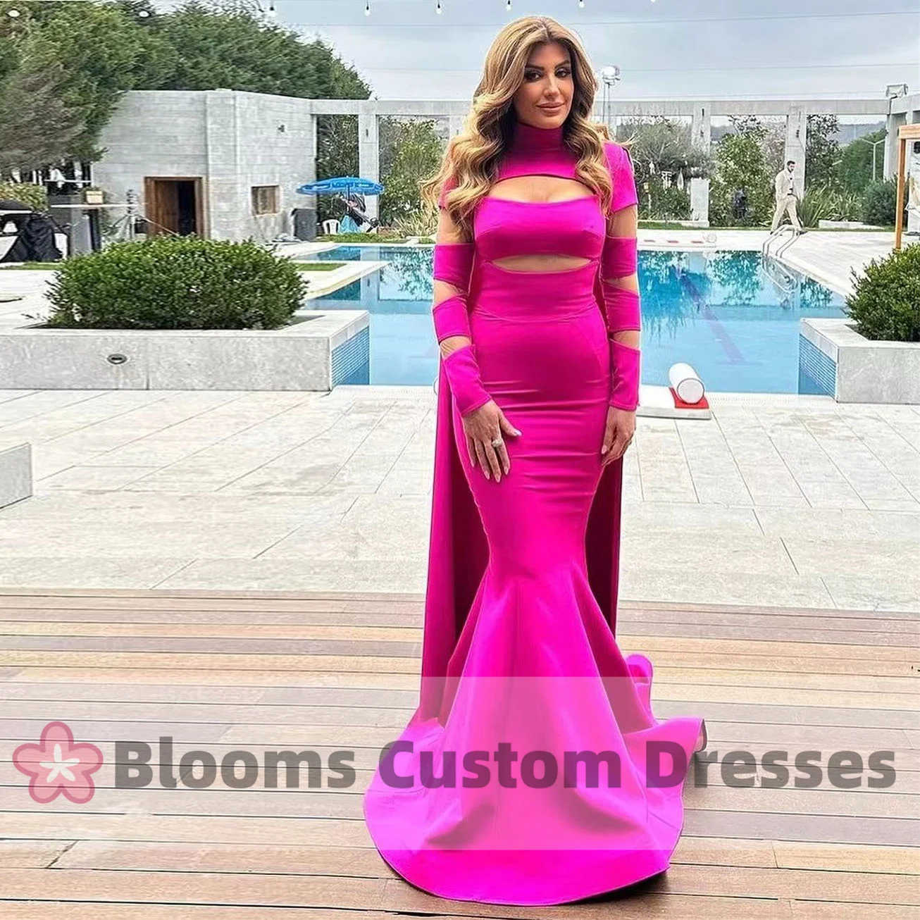 

Blooms High Neck Cut-out Patchwork Prom Dresses Cape Long Sleeves Mermaid Elegant Evening Dress 2024 Wedding Formal Party Gown