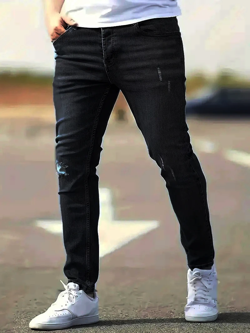 Men's American Retro Hole-Punched Stretch Slim Fit Jeans Zipper Casual Streetwear Denim Pants Classic Black Blue Skinny Trousers