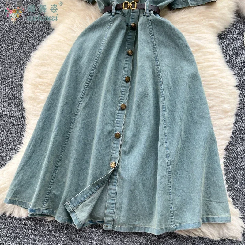 Elegant Heart Button Summer Women's Denim Dress with Belt Hight Waist Mid Length Short Sleeved Denim Dresses Causal Streetwear