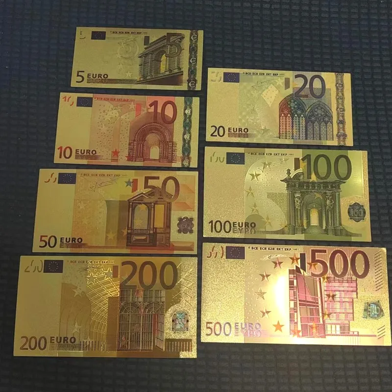 7 قطعة/المجموعة الذهب فواتير اليورو الذهب احباط الأوراق النقدية البلاستيكية الذهب الدولارات العتيقة مطلي ملاحظات ديكور المنزل