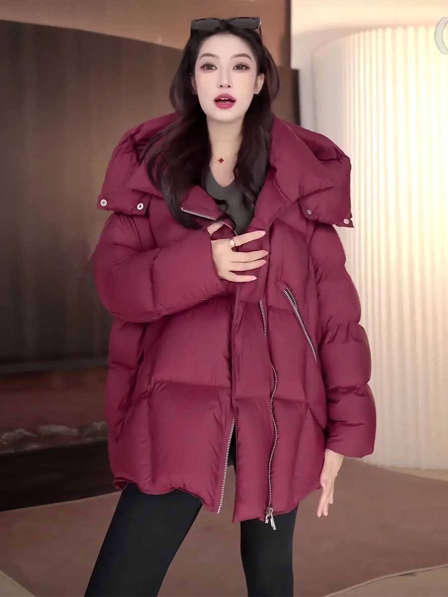 Rojo Du down Puffer Jaet abrigo con capucha de longitud media para mujer invierno nuevo Sle Thiened blanco Du Feather Commute Sle