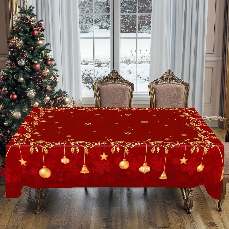 1pc  Christmas Red Gold Snowflake Holly Pendant Rectangular Tablecloth for Home Dining Room Party Decor