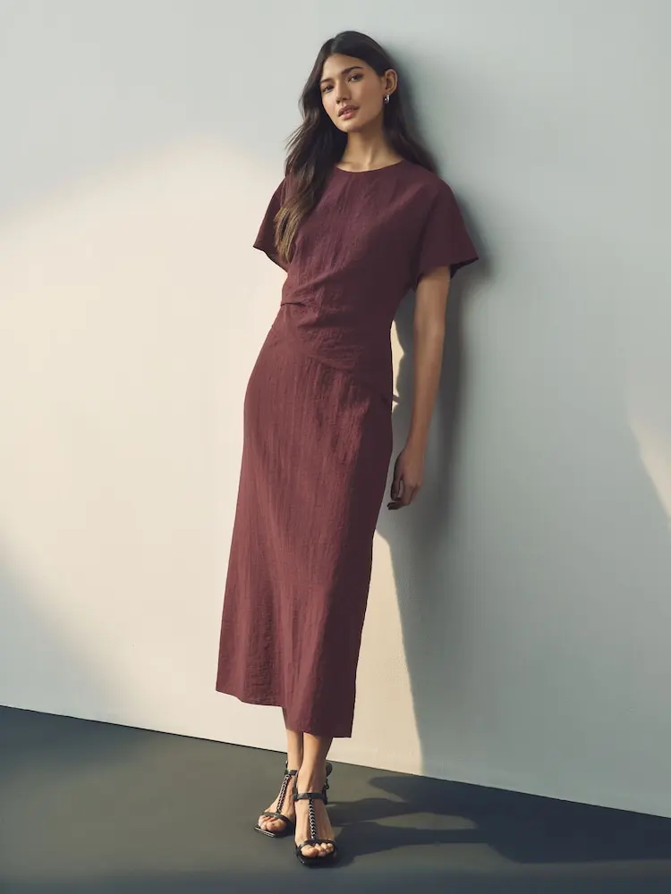 

ZBZA Women's Vintage Pleated Midi Dress Loose Round Neck Short Sleeve Solid High Waist Zipper Dress Spring Summer New Chic Top