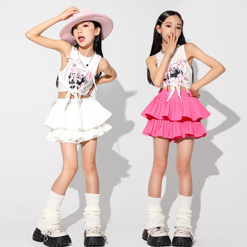 Girls Jazz Dance Costume Kids Cheerleading Performance Practice Clothes White Tops Pink Skirt Teenagers Hip Hop Dance Outfits