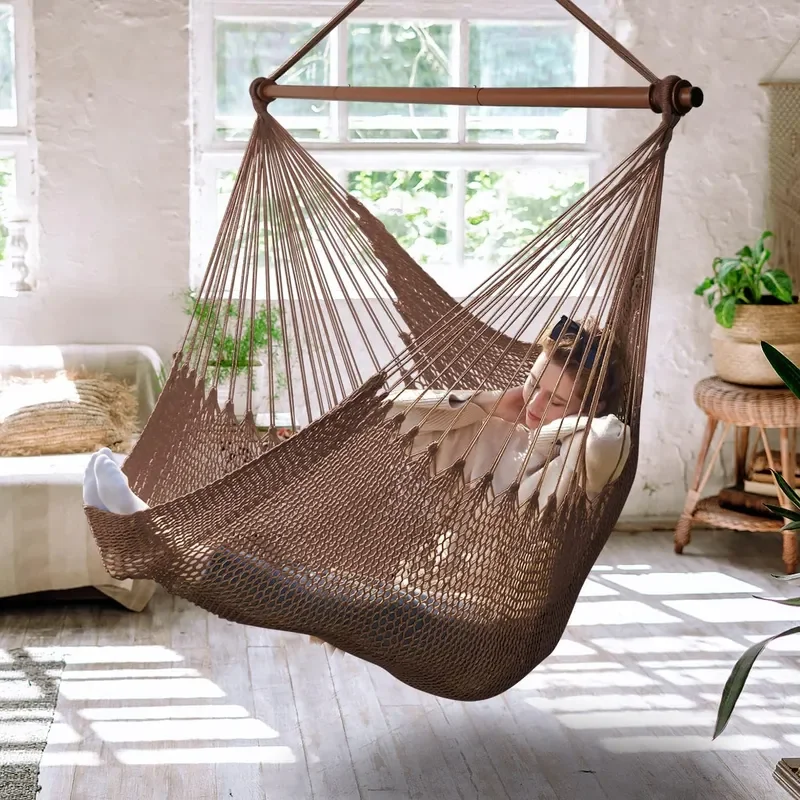 Upgraded Caribbean Hammock Chair with Detachable Metal Bar Large Hammock Swing Chair XL Rope Hanging Chair for Outdoor Indoor