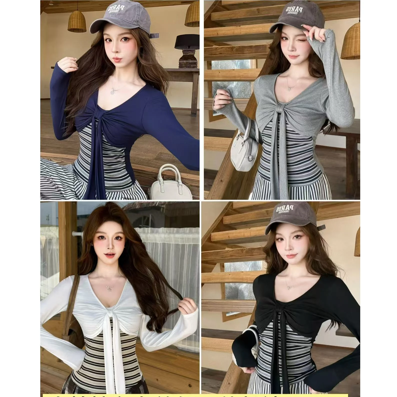 Korean Style Long Sleeve Striped Top with Chest Pad Fake Two-Piece Design Belted Trendy Korean Spicy Girl Atmosphere Sense