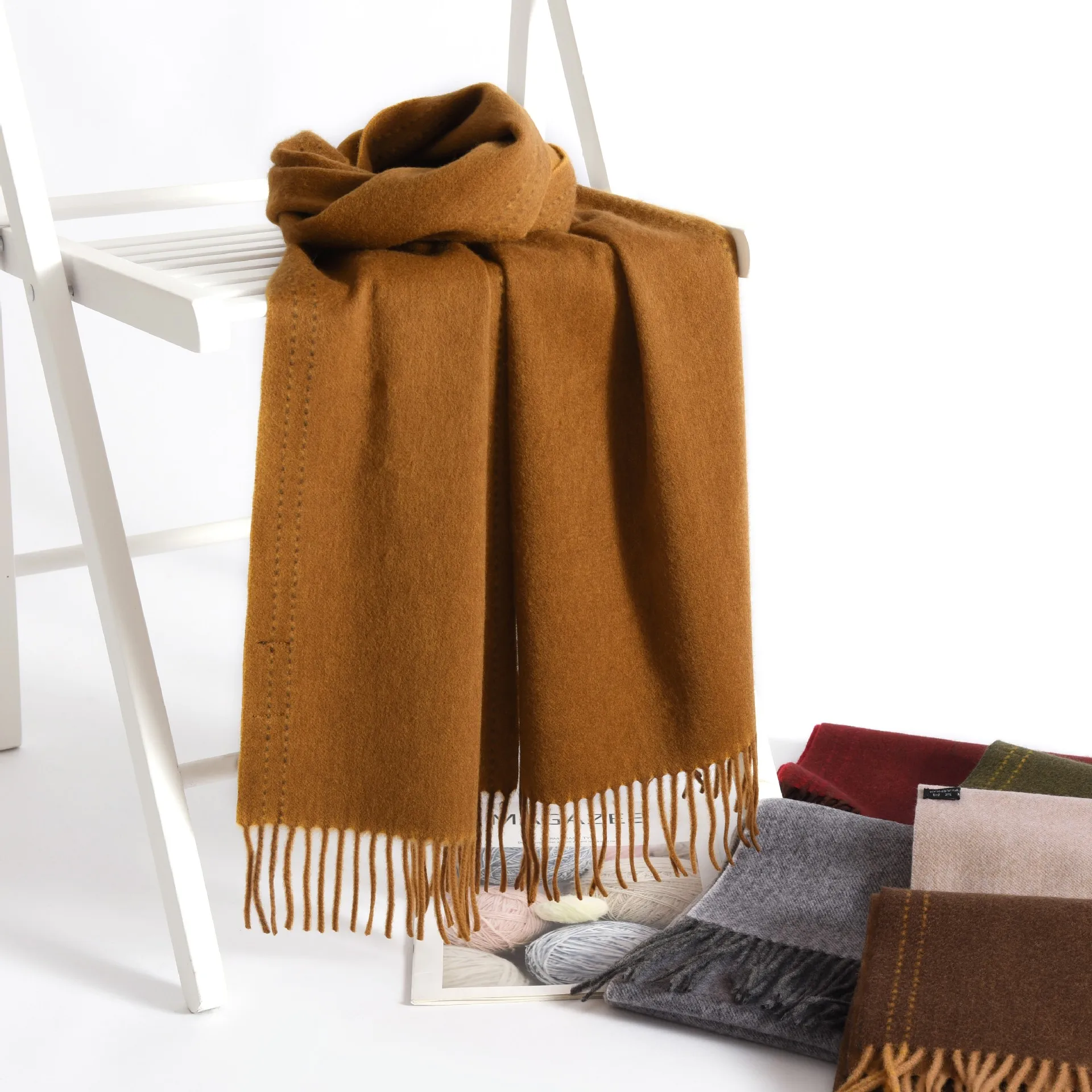 100% wool scarf double-sided autumn and winter gradual change two-color simple line shawl fashion warm scarf