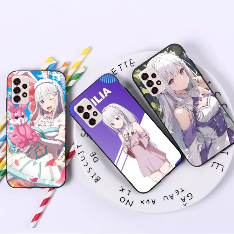 Anime Waifu Emilia Phone Case for Samsung A91 A81 A73 A72 A71 A30S A20 A12 A13 A52 A53 4G 5G Black Soft Phone Cover Funda