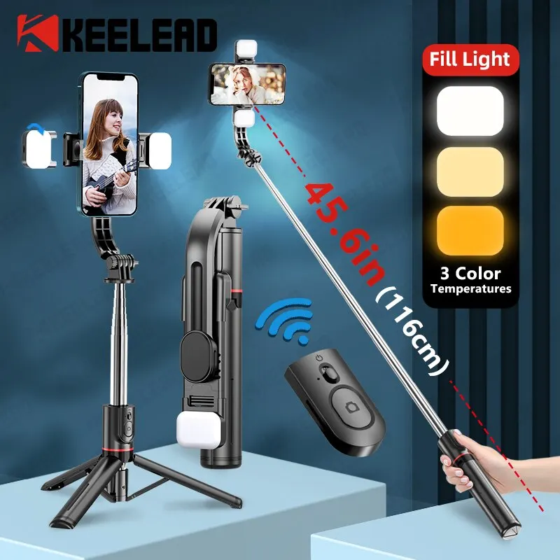 KEELEAD Bluetooth Selfie Stick 1160mm Extended Double Fill Light L13D Tripod with Remote Shutter for Android IOS Smartphone