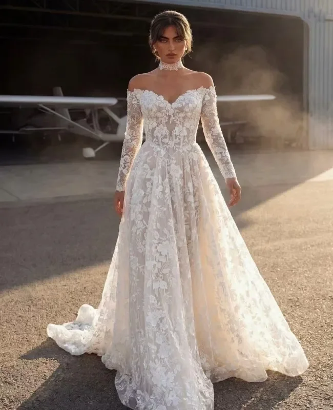 Customized White Off Shoulder V Neck Long Lace Sleeve A Line Wedding Gown Fitted Waist Floral Lace Chapel Train Bridal Dress
