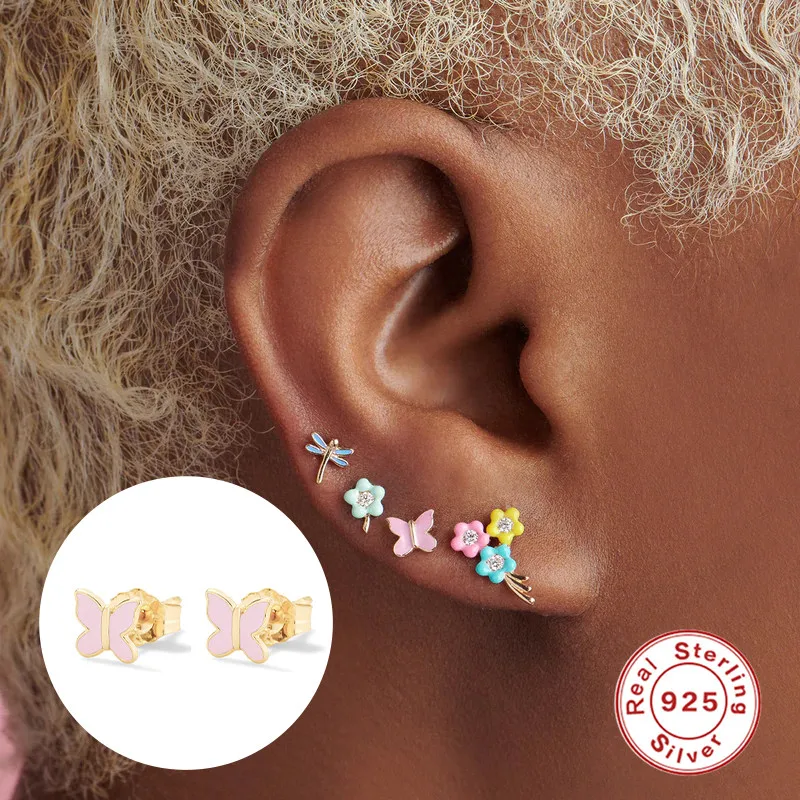 925 Sterling Silver Korean Earring 2023 New Trend European and American INS Enamel Color Butterfly Stud Earrings Jewerly