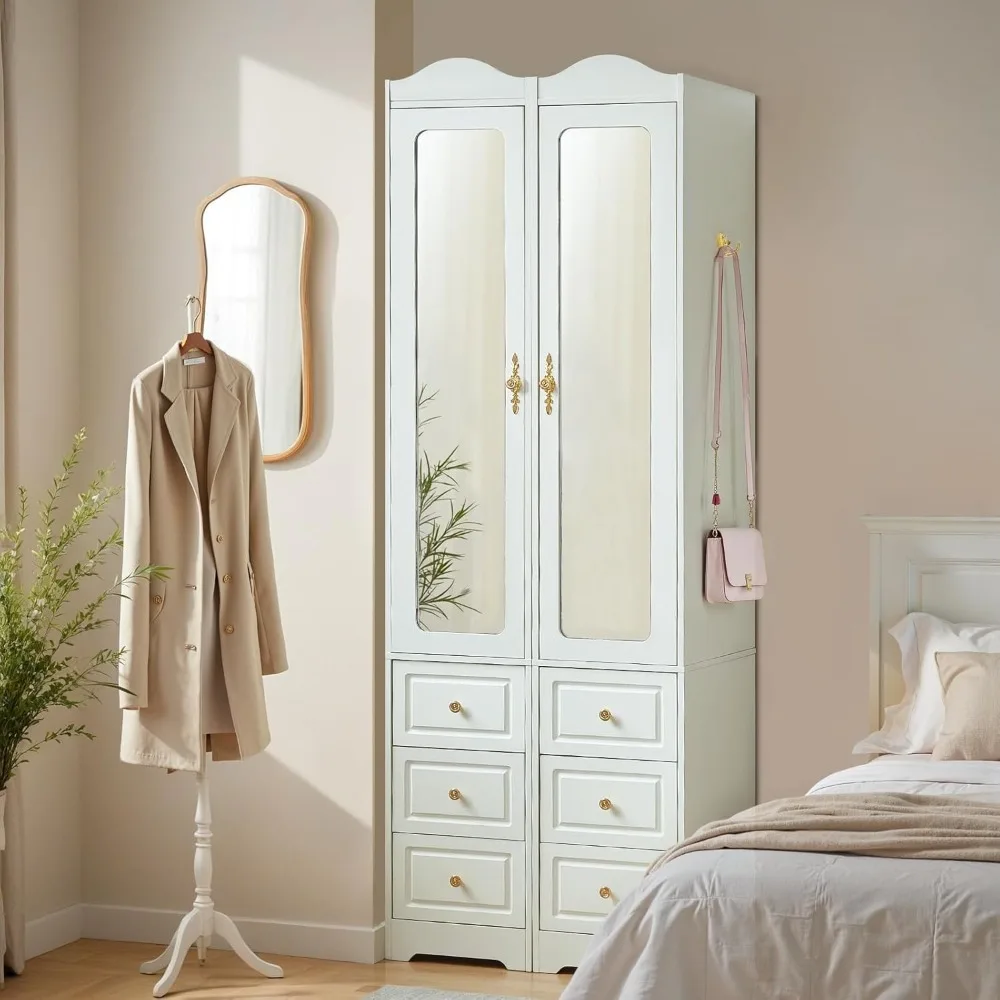 Armario Armario, Armarios de dormitorio de madera modernos de 69,5 pulgadas de alto con puerta de espejo y 6 cajones, almacenamiento de ropa blanco