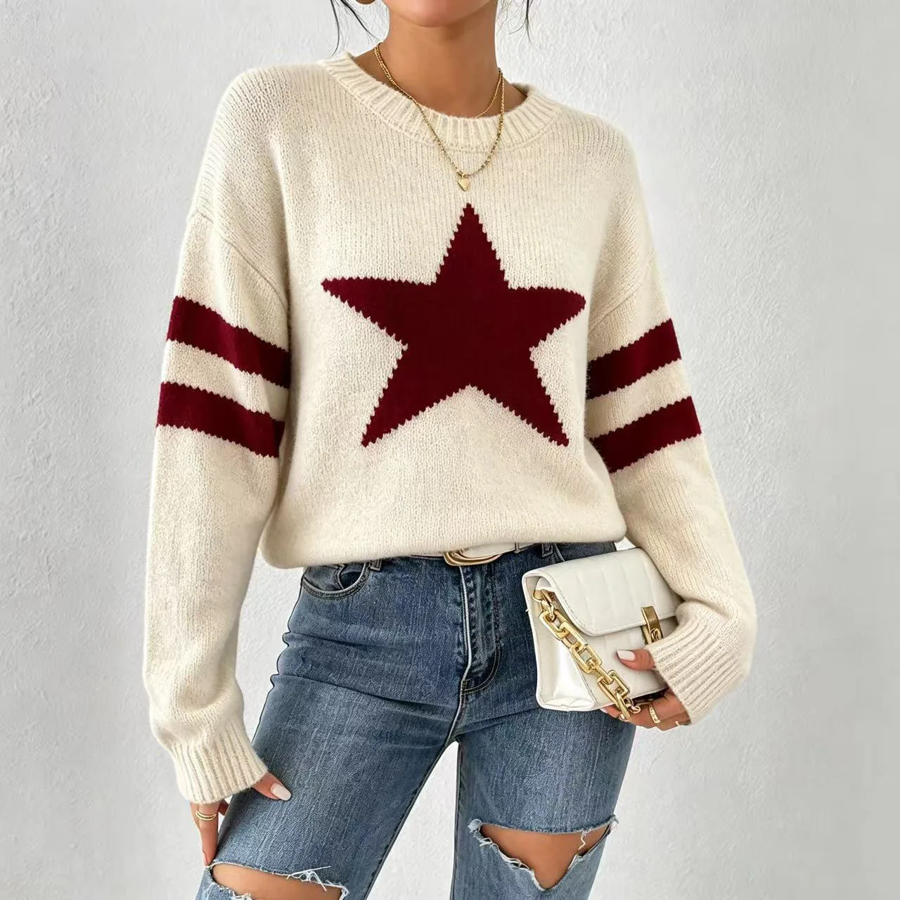 Women'S Knitted Pullover Sweater Autumn Winter Cozy Style Street Style Round Neck Stripe Long Sleeve New Must Have Arrival