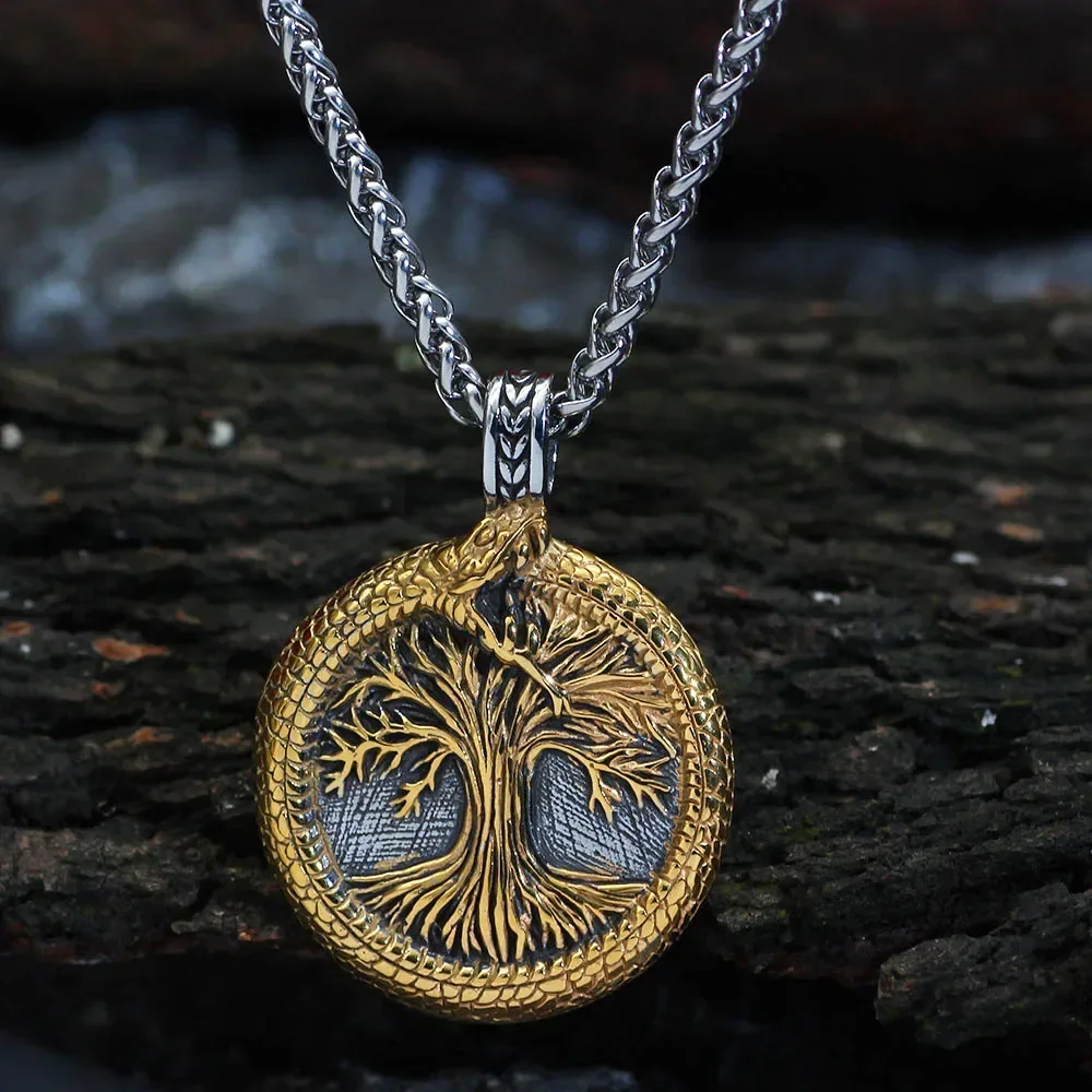 Nordic Viking Tree of Life Pendant Necklace Stainless Steel Vintage Viking Yggdrasil Ourobles Necklace Men Scandinavian Jewelry