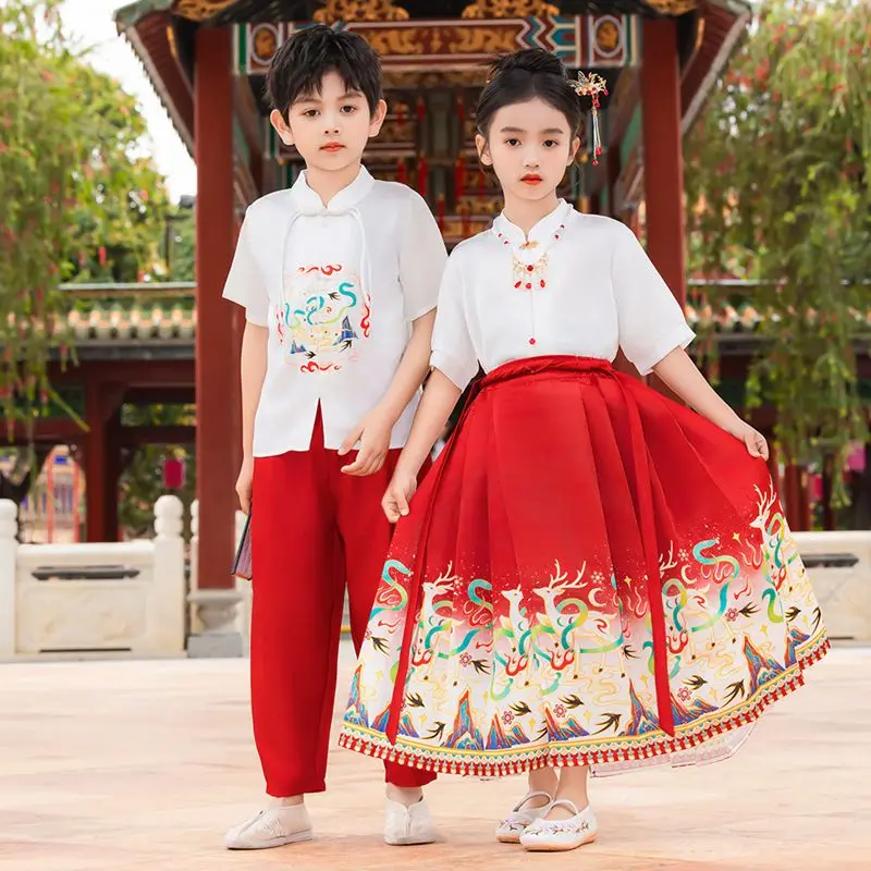 

Summer Traditional Chinese Girls Mamian Skirt Set Ancient Hanfu Modified Kids Tang Performance Costume