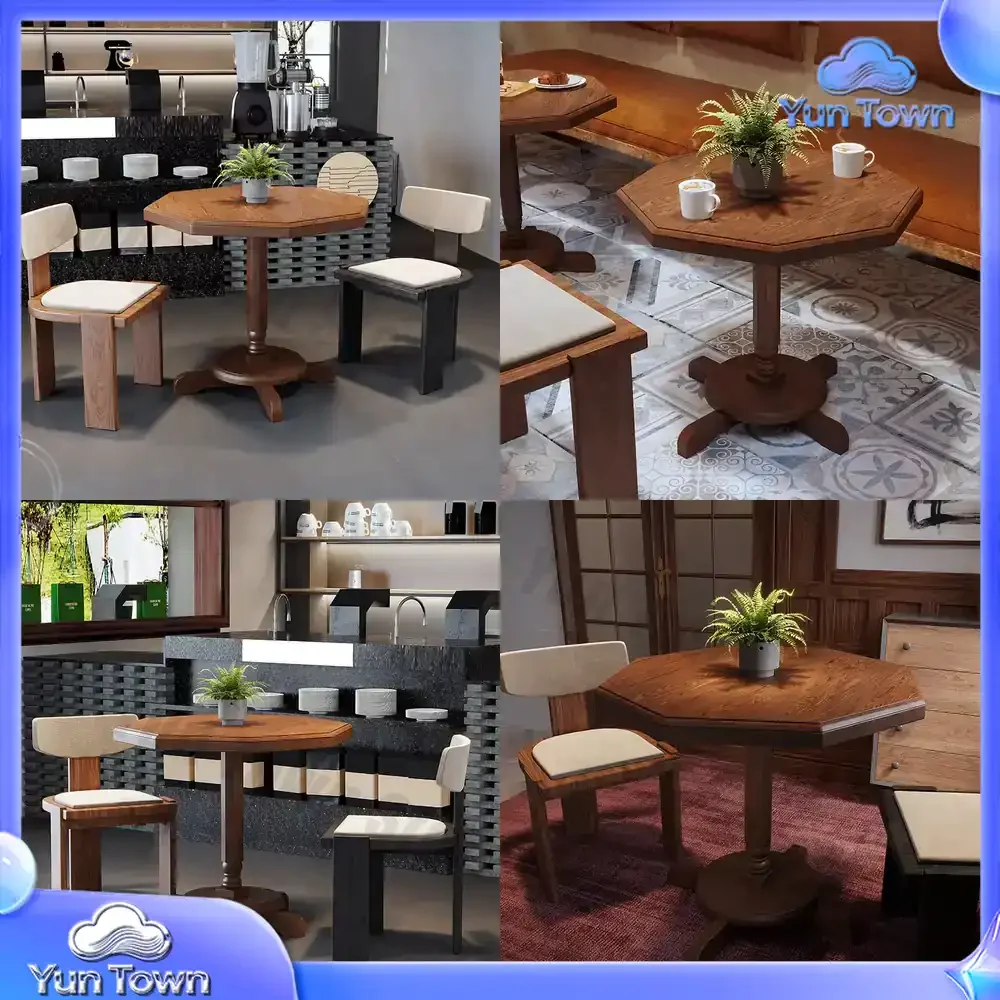 Modern American Vintage Solid Wood Cafe Table and Chair Set Polygonal Octagonal Design for Bar Dessert Bakery Living Room