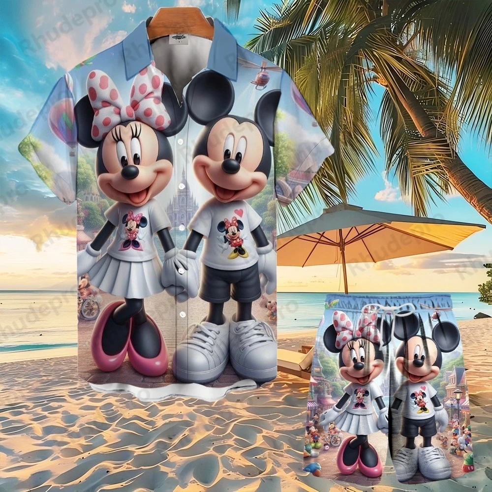 Disney Summer Mickey Mouse Button Shirt Set Cartoon Beach Shorts Hawaiian Men Women Shirt Short Sleeve Shorts Shirt Suit
