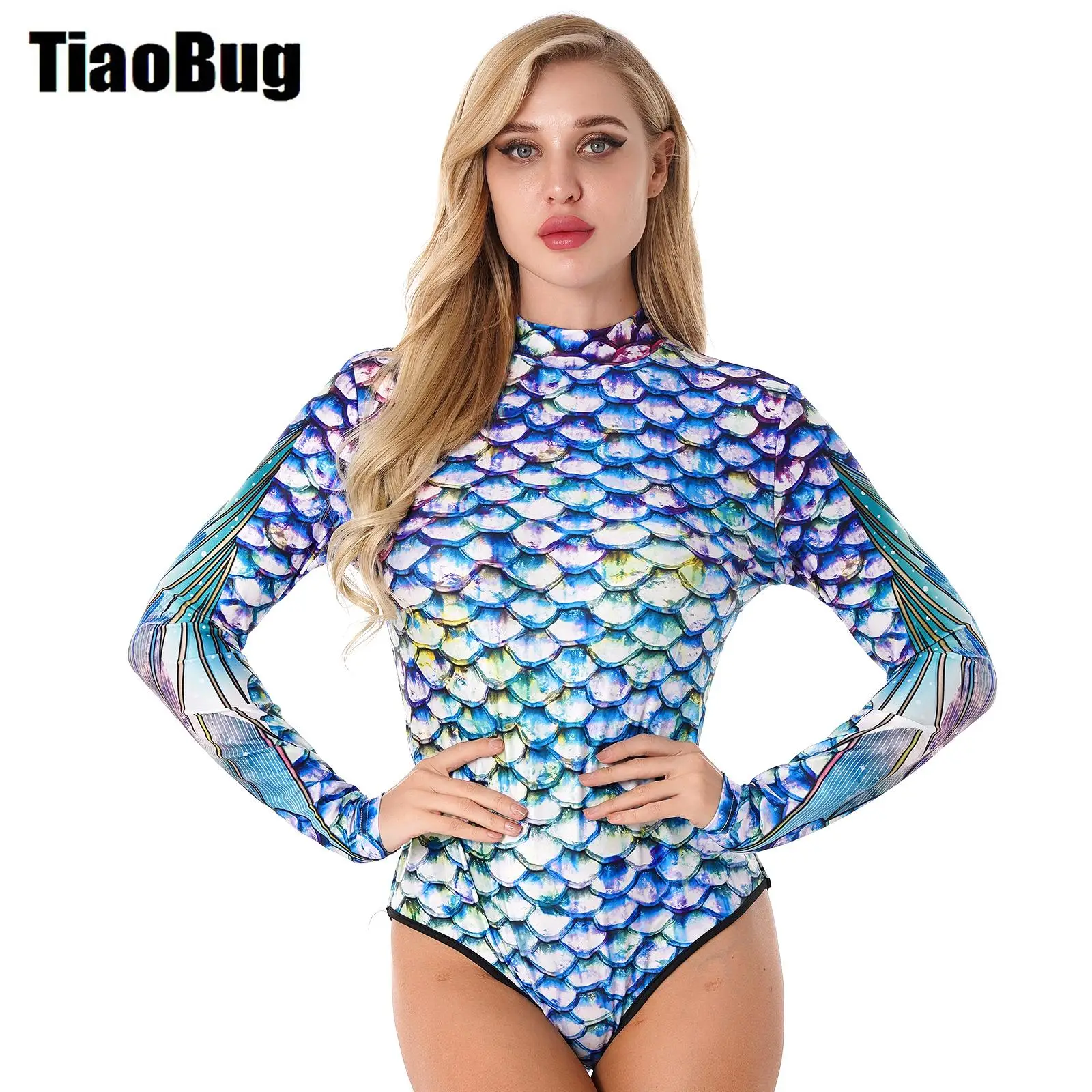 Women 3D Fish Scale Printing Jumpsuit Stand Collar Long Sleeves Back Zipper Closure Swimming Bathing Surfing Swimwear