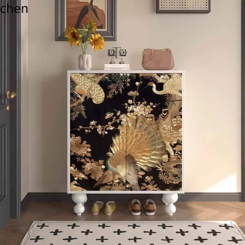 v1  Retro Entryway Shoe Cabinet for Home Living Room Wall-Mounted Integrated Solid Wood Multi-Functional Storage Cabinet