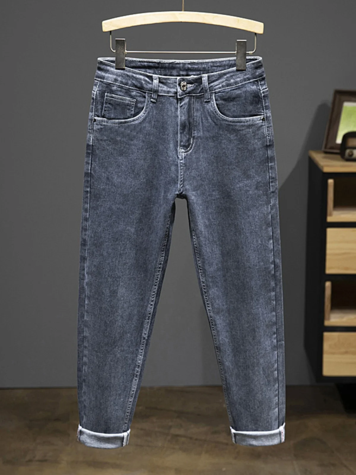 

Мужские джинсы-скинни 7/8 длины, весенне-летние, тонкие, эластичные, повседневные, длинные брюки из хлопкового стрейч-денима, со средней посадкой, на молнии