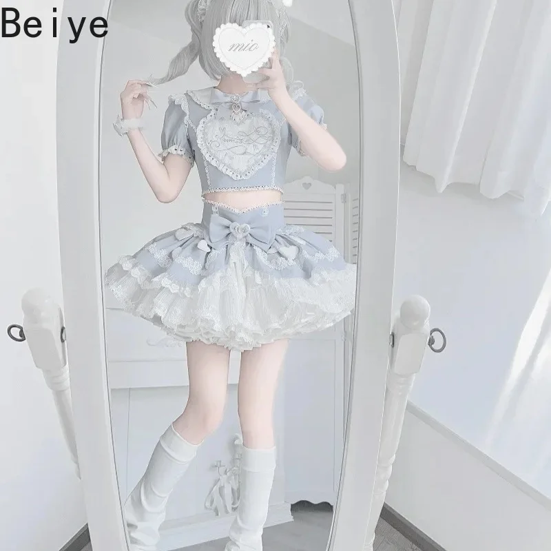 Sweet Lolita 2 Piece Outfit Lady Heart Embroidery Crop Top and Skirt Set Coquette Lace Ruffle Bow Kawaii Harajuku Women Suit