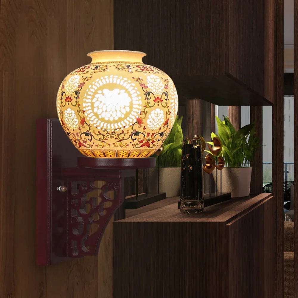 

European American and Style Wall lights Antique Wall Lamp Ceramic Wood Craft Bedside Home Deco Hotel Modern Bathroom Light