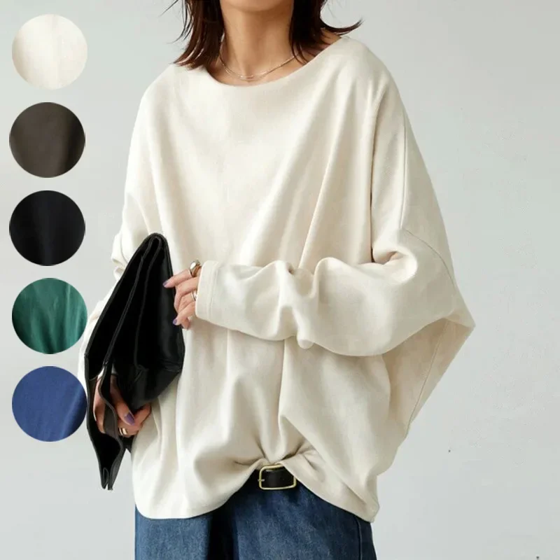 

Women's Sweatshirt Autumn New High-End Feel Idle Style Loose Fit Solid Color Round Neck Casual Top Drop Shoulder Lazy Casual