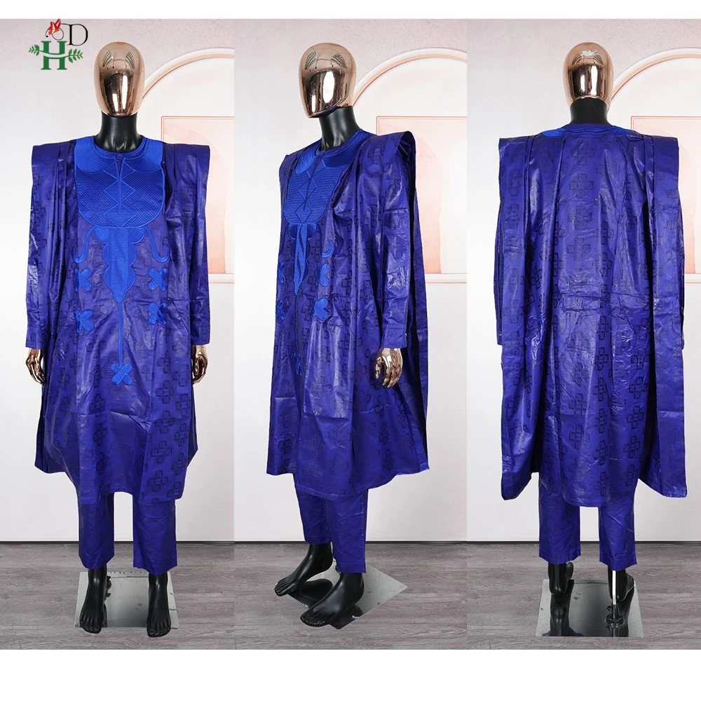 Ropa africana tradicional 3 uds traje africano para hombre azul Bazin Riche Agbada bata de fiesta de boda bordada de talla grande