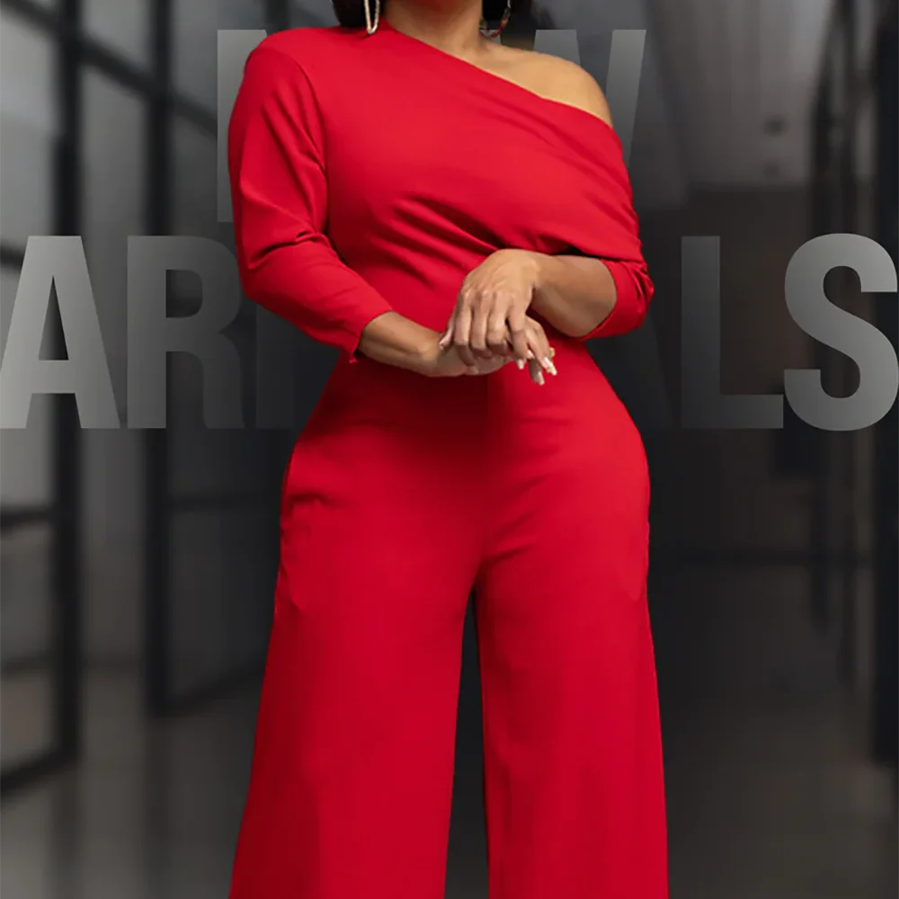 Plus Size Business Casual Jumpsuit Red Solid Color Slope Neck 3/4 Sleeve One Shoulder Wide Leg Christmas Jumpsuit