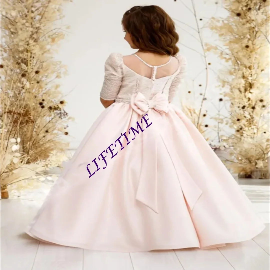 

Розовое элегантное платье с цветочным узором для девочек по индивидуальному заказу, пышное детское праздничное платье с короткими рукавами, праздничное платье на заказ