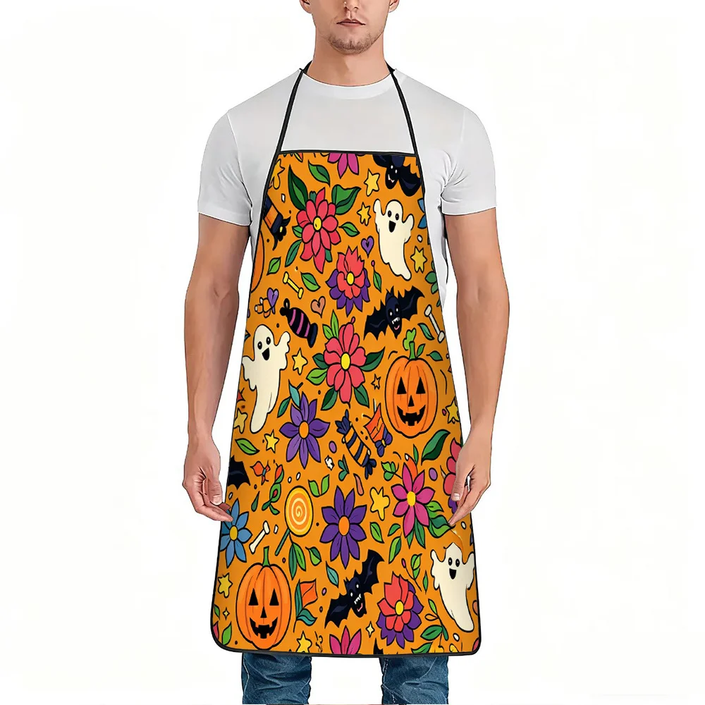 1pc Halloween Pumpkin Bat Candy Flower Print Apron, Durable and Easy to Clean, Adjustable Waistband, Polyester Material