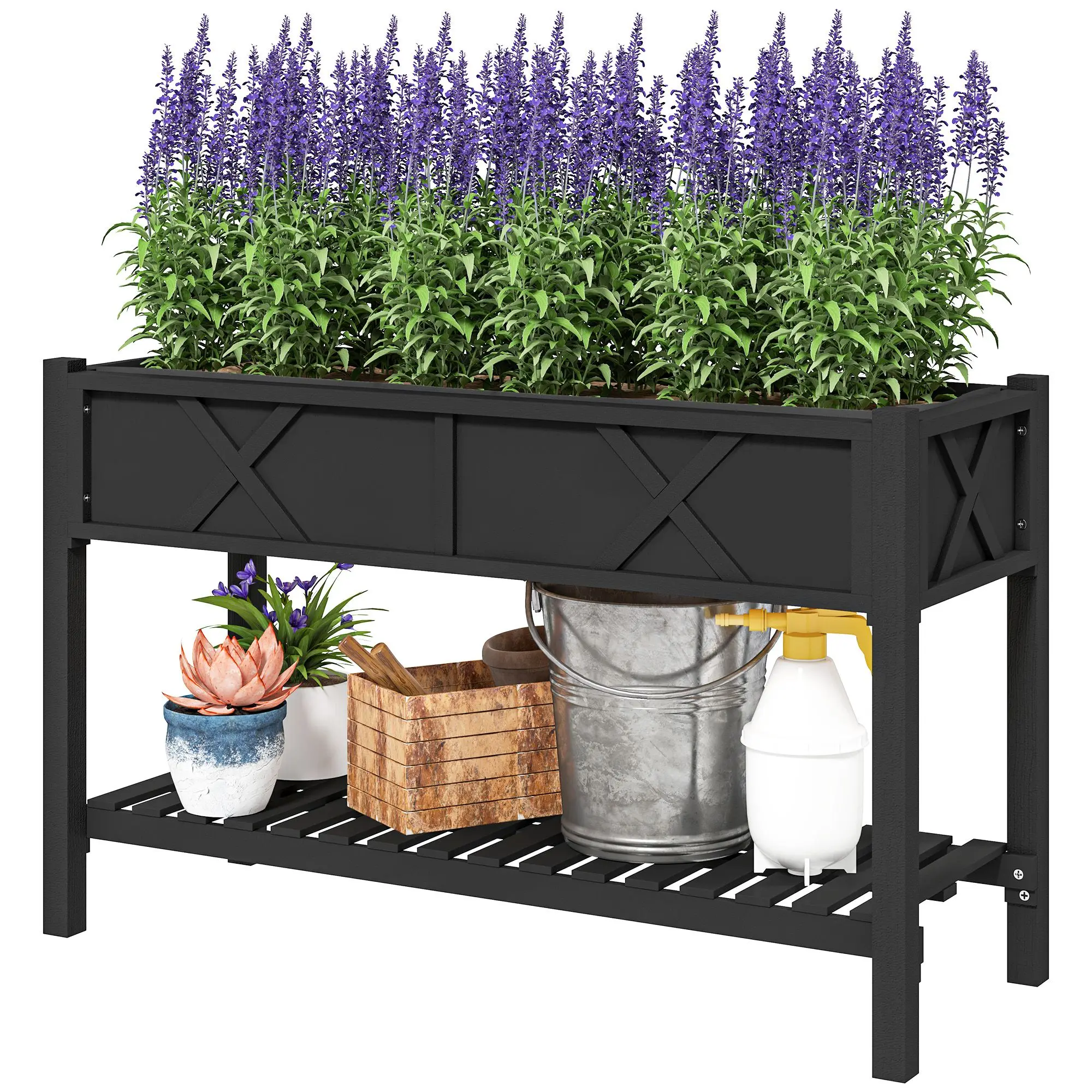 

For Outsunny Raised Garden Bed, 47 x 22 x 31.5in Elevated Wood Planter Box with Storage Shelf, Drainage Holes and Liner, Black