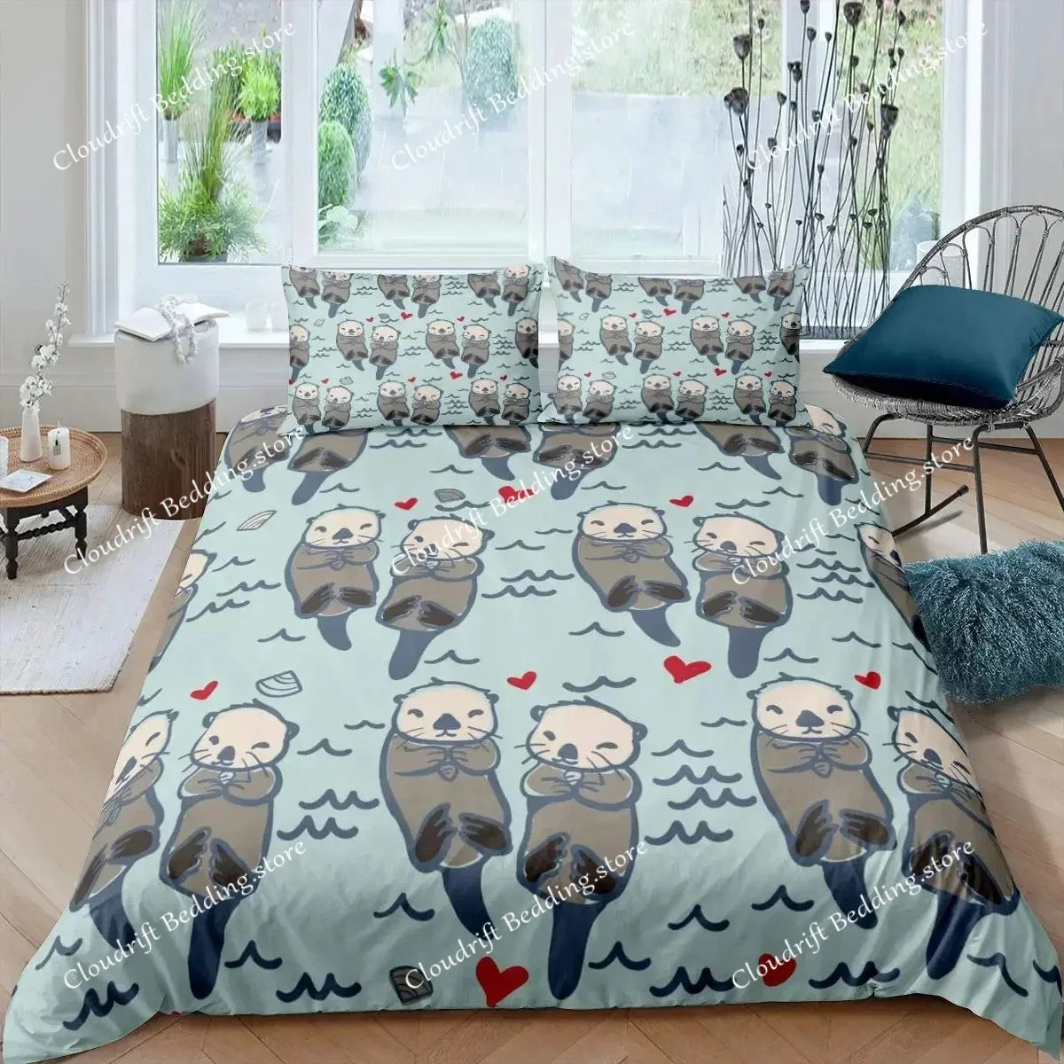 Seal Duvet Cover King Size Lovely Swimming Seal Bedding Set Cute Ocean Exotic Style Marine Life Polyester Comforter Cover